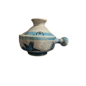 Tonala Mexican Covered Bowl Blue Bird Folk Art Pottery Handle Lid Stoneware VTG